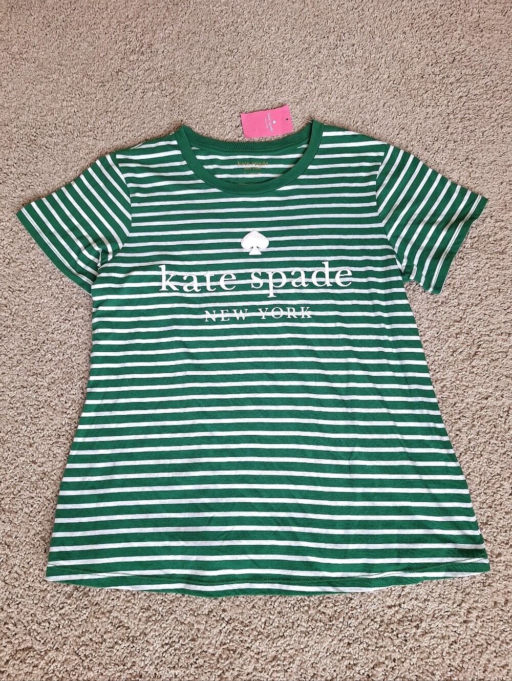 Kate Spade Green White Striped Raised Logo Short Sleeved Tee Size Large - Picture 2 of 8